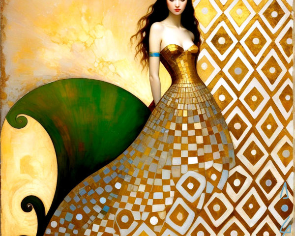 Gold Gown with Checkerboard Pattern and Green Tail