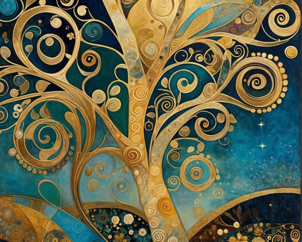 Vibrant Artwork of a Stylized Tree with Golden Branches