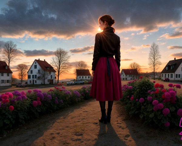 Woman in Black Jacket and Pink Skirt at Sunset