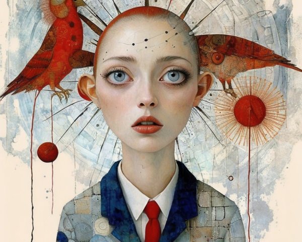 Androgynous Figure Surrounded by Red Birds and Abstracts