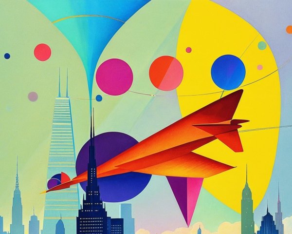 Vibrant City Skyline with Dynamic Aircraft and Colors