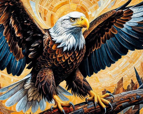 Majestic eagle with outstretched wings on branch