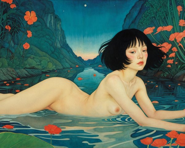 Young Woman Floating in a Tranquil River Scene