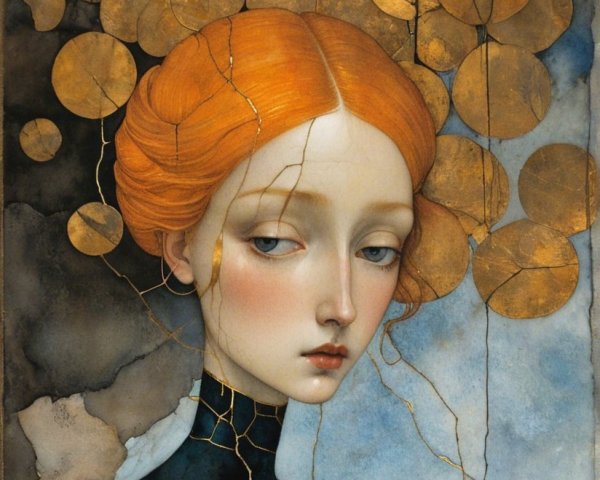 Melancholic Woman with Orange Hair and Golden Circles