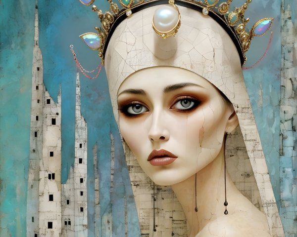 Portrait of a woman with a pearl and turquoise crown