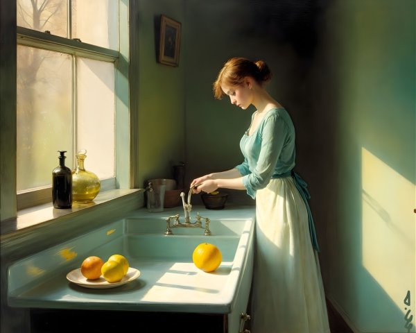 Young Woman Washing Fruits in Sunlit Kitchen