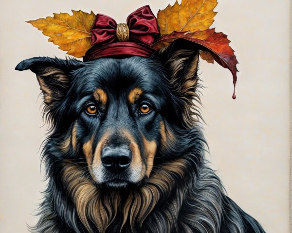 Black and tan dog with maroon hat and autumn leaves