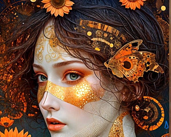 Portrait of a Young Woman with Gold Patterns and Sunflowers
