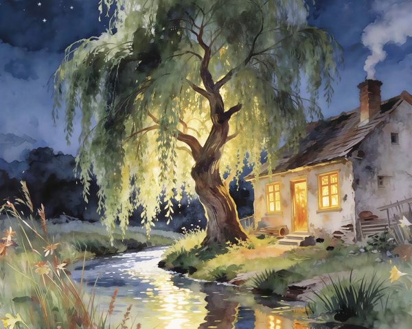 Watercolor Night Scene of Cottage by a River