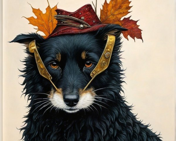 Whimsical Portrait of a Black Dog in Red Hat