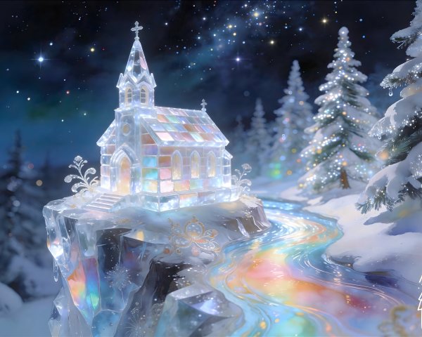 Digital Painting of an Ice Church with Stained Glass Roof