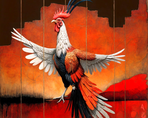 Majestic Rooster Mid-Flight in Vibrant Artwork