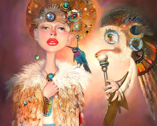 Young Woman in Feathered Outfit with Hummingbird