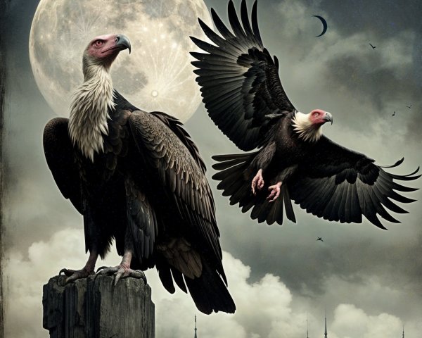 Majestic Vultures Under a Full Moon with Castles