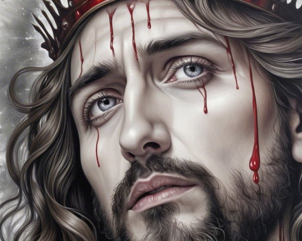 Contemplative King with Blood-Streaked Face and Crown