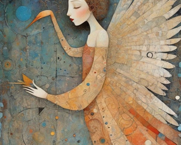 Serene Angel Figure with Bird and Abstract Background