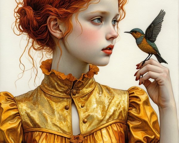 Young girl with red hair and vibrant bird on finger