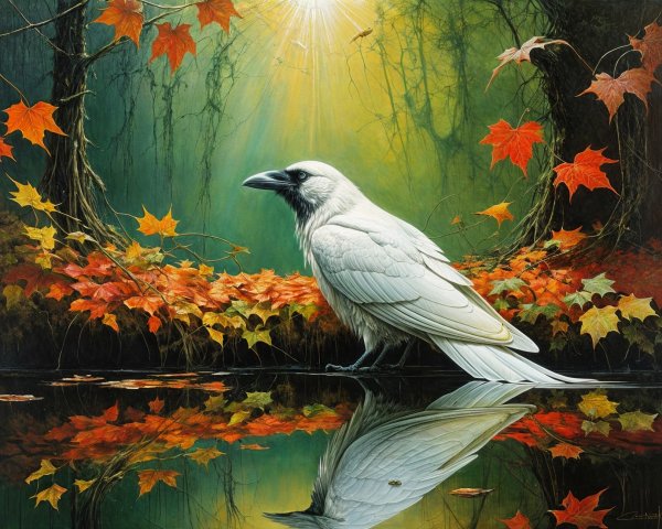 Serene forest scene with a white raven and autumn foliage