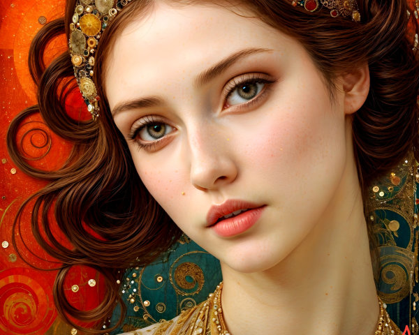 Portrait of a young woman with intricate headpiece