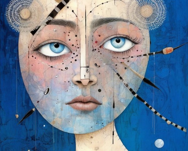 Ethereal Face with Vibrant Blue Background and Details