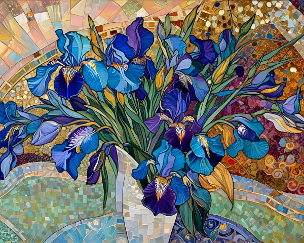 Vibrant Mosaic of Blue Irises in White Vase