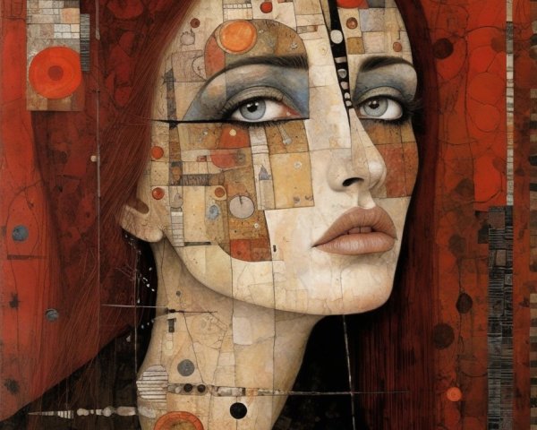 Female Figure with Red Hair and Geometric Patterns