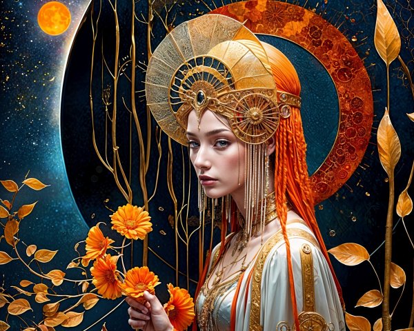 Vibrant Figure with Orange Hair in Celestial Scene