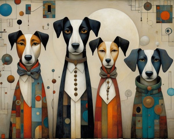 Cubist Depiction of Four Anthropomorphic Dogs in Line
