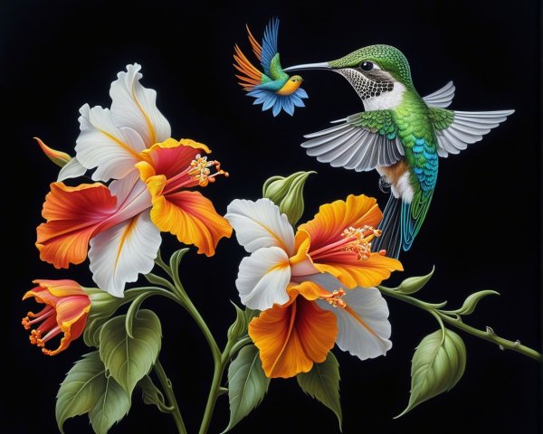 Digital Painting of Hummingbirds and Hibiscus Flowers
