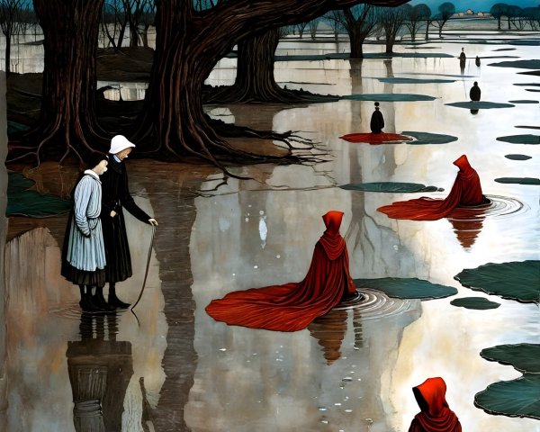 Surreal Landscape with Dark Trees and Floating Figures