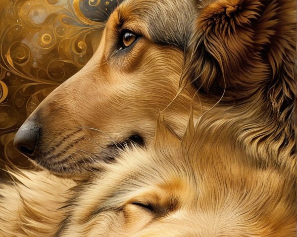 Close-up of Realistic Golden Retrievers on Abstract Background