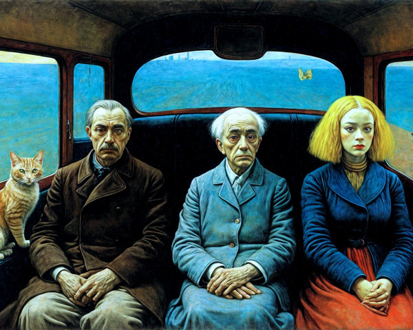 Solemn Train Carriage Scene with Three Individuals and Cat