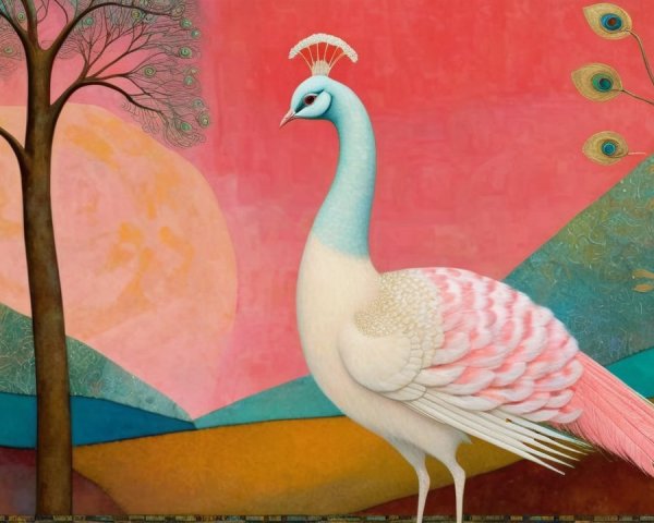 Stylized Peacock with Pastel Colors on Pink Background