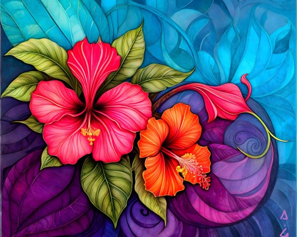 Colorful Artwork of Hibiscus Flowers and Lush Leaves