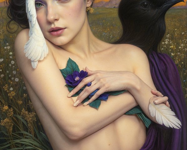 Young Woman in Purple Drapery with Flowers and Birds