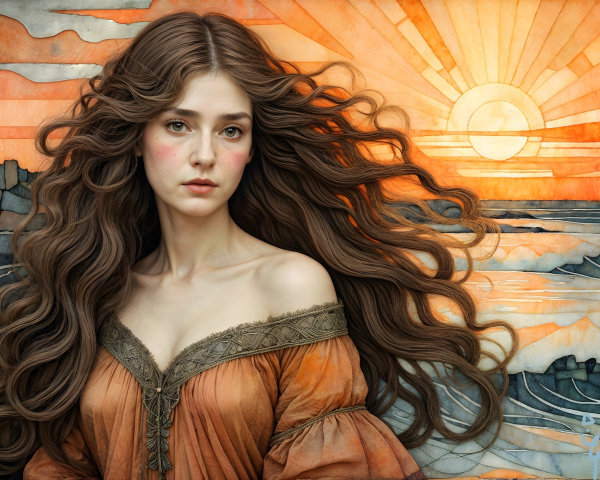 Young woman in orange dress against sunrise landscape