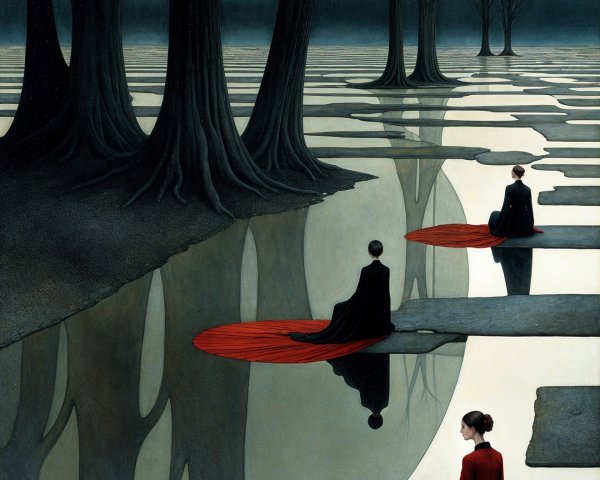 Surreal Landscape with Moonlit Sky and Red Robes
