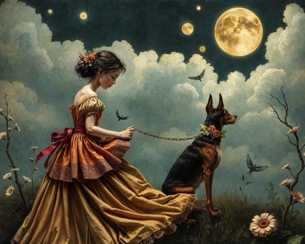 Young woman in golden gown with dog under night sky