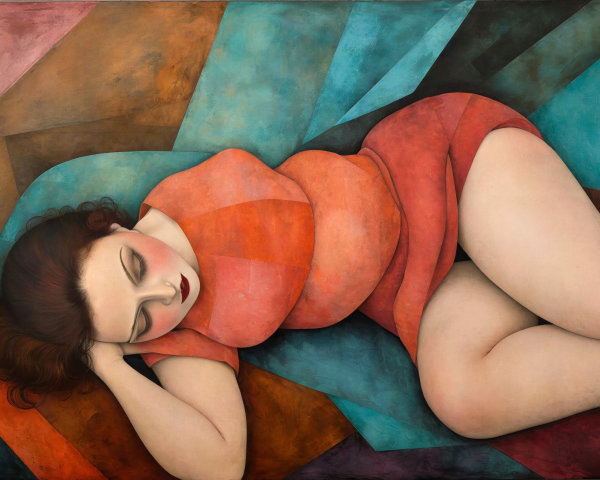 Cubist Painting of a Woman in a Fetal Position