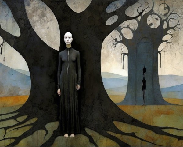 Surreal landscape with dark trees and a pale figure