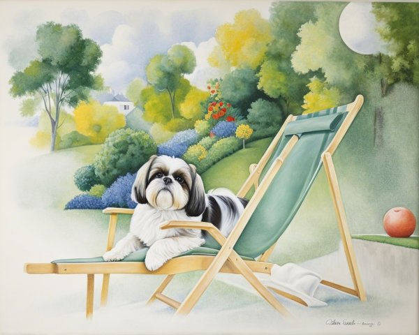 Shih Tzu Relaxing on a Green Deck Chair in Gardens