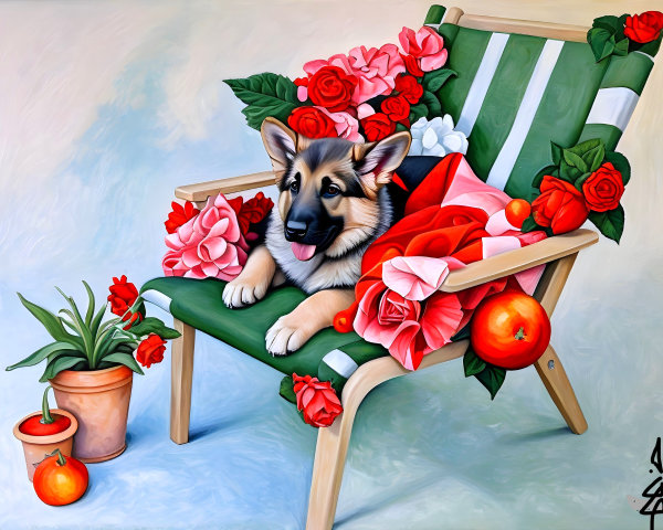 Puppy on Green Chair Surrounded by Colorful Flowers