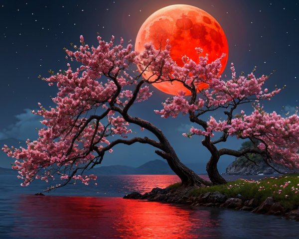 Cherry Blossom Tree Under a Blood-Red Moon