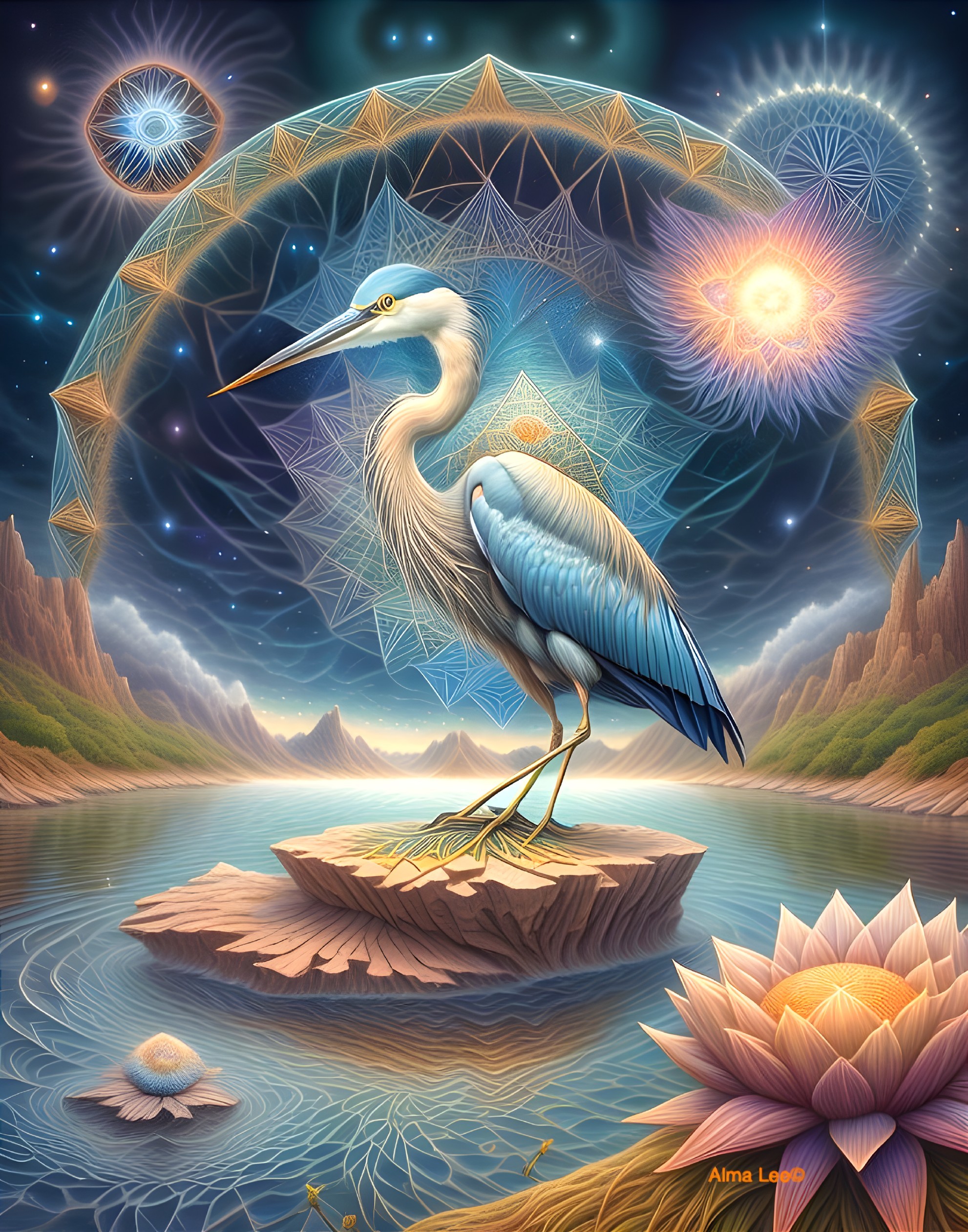 Heron on Floating Island in Tranquil Lake Scene