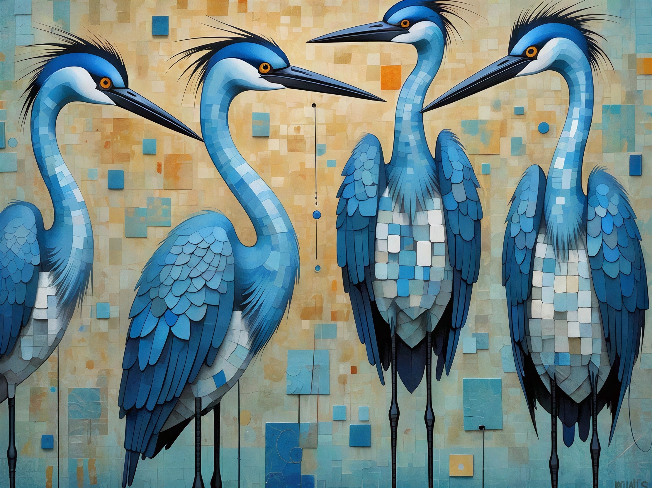Four Blue Herons Against Abstract Mosaic Background