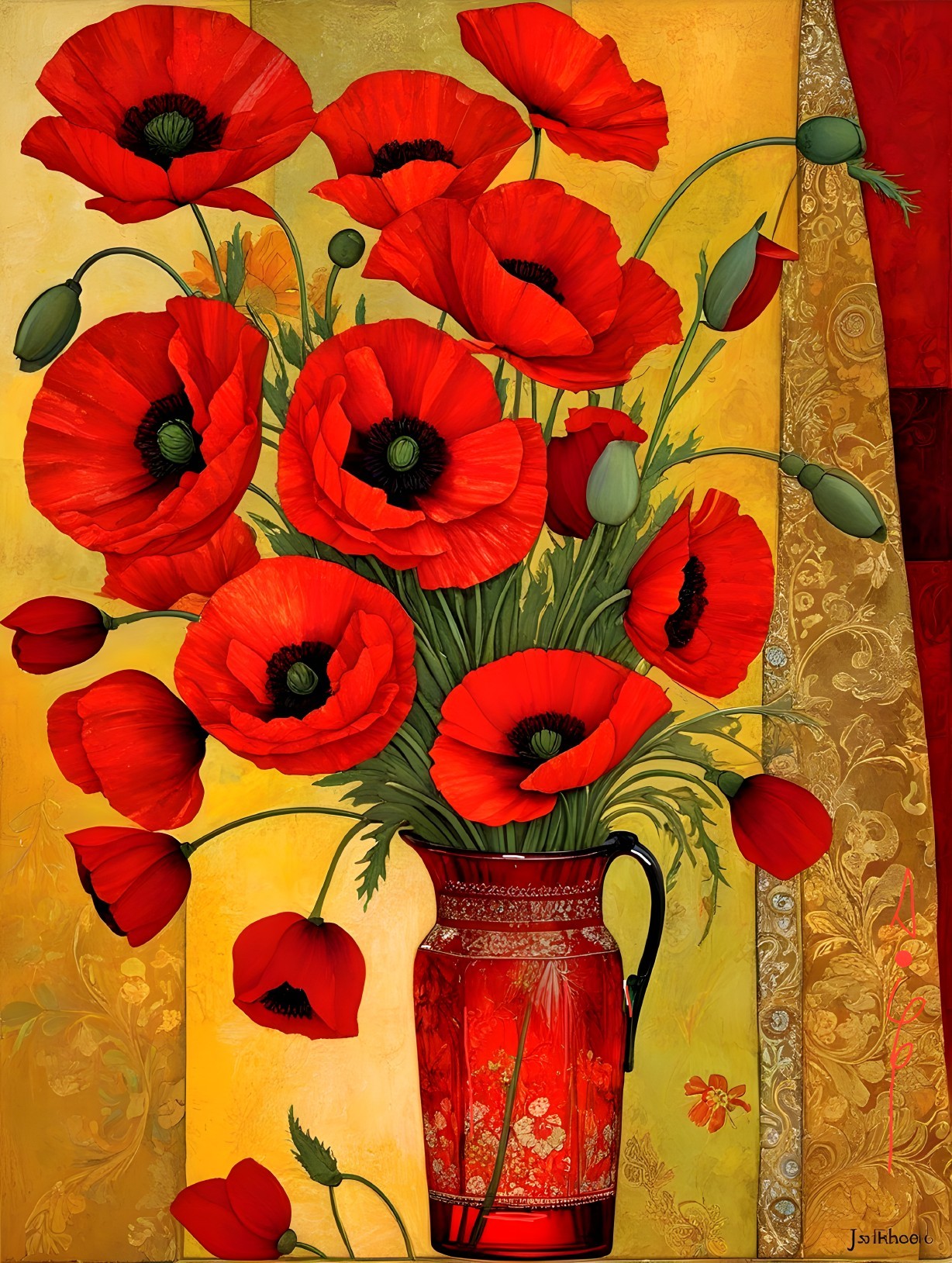 Vibrant Still Life of Red Poppies in Decorative Vase