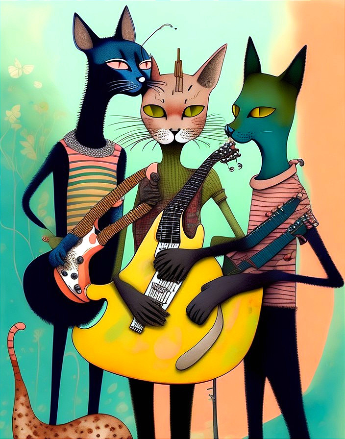 Three Cats Playing Musical Instruments in Colorful Setting
