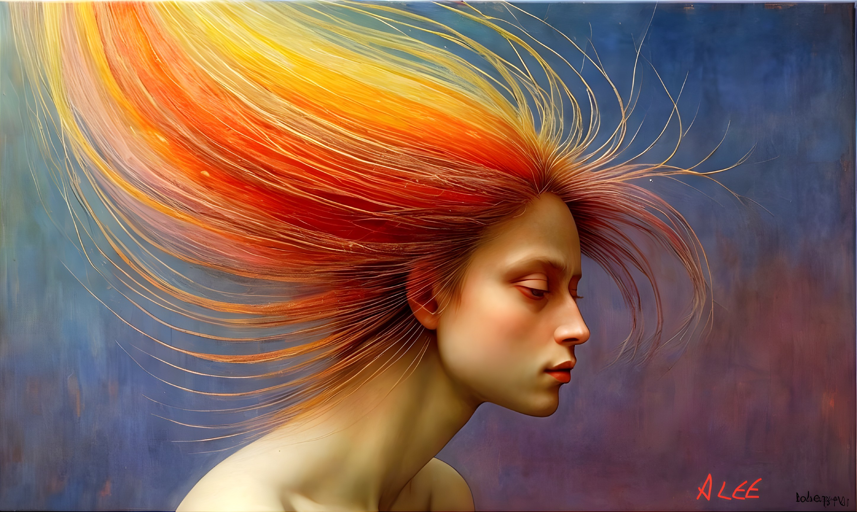 Profile of a Woman with Flowing Orange and Yellow Hair