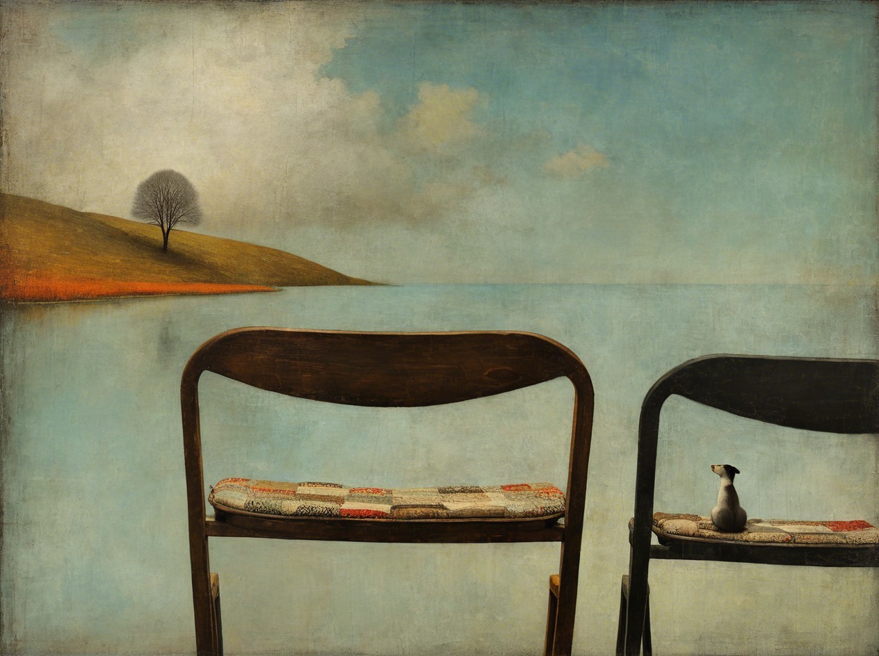 Wooden chairs by calm water with grassy hillside view