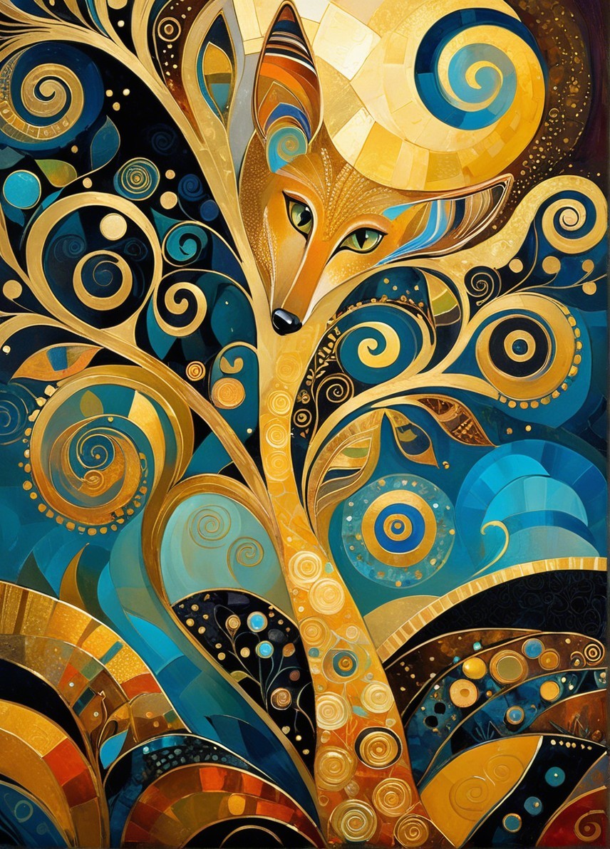 Stylized fox behind swirling tree with rich colors
